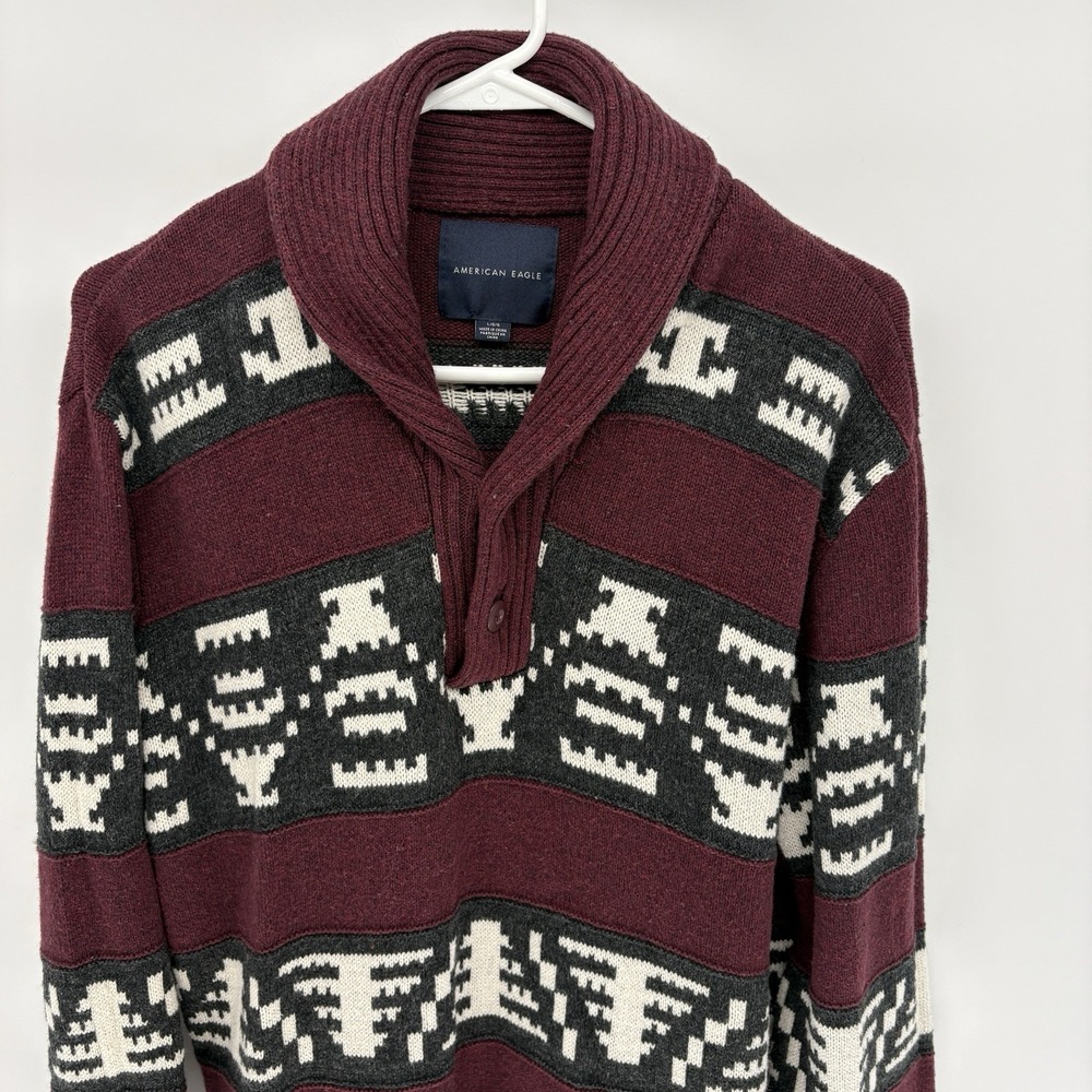 American Eagle  Sweater Native Aztec Print Shawl Neck Acrylic Wool Blend L